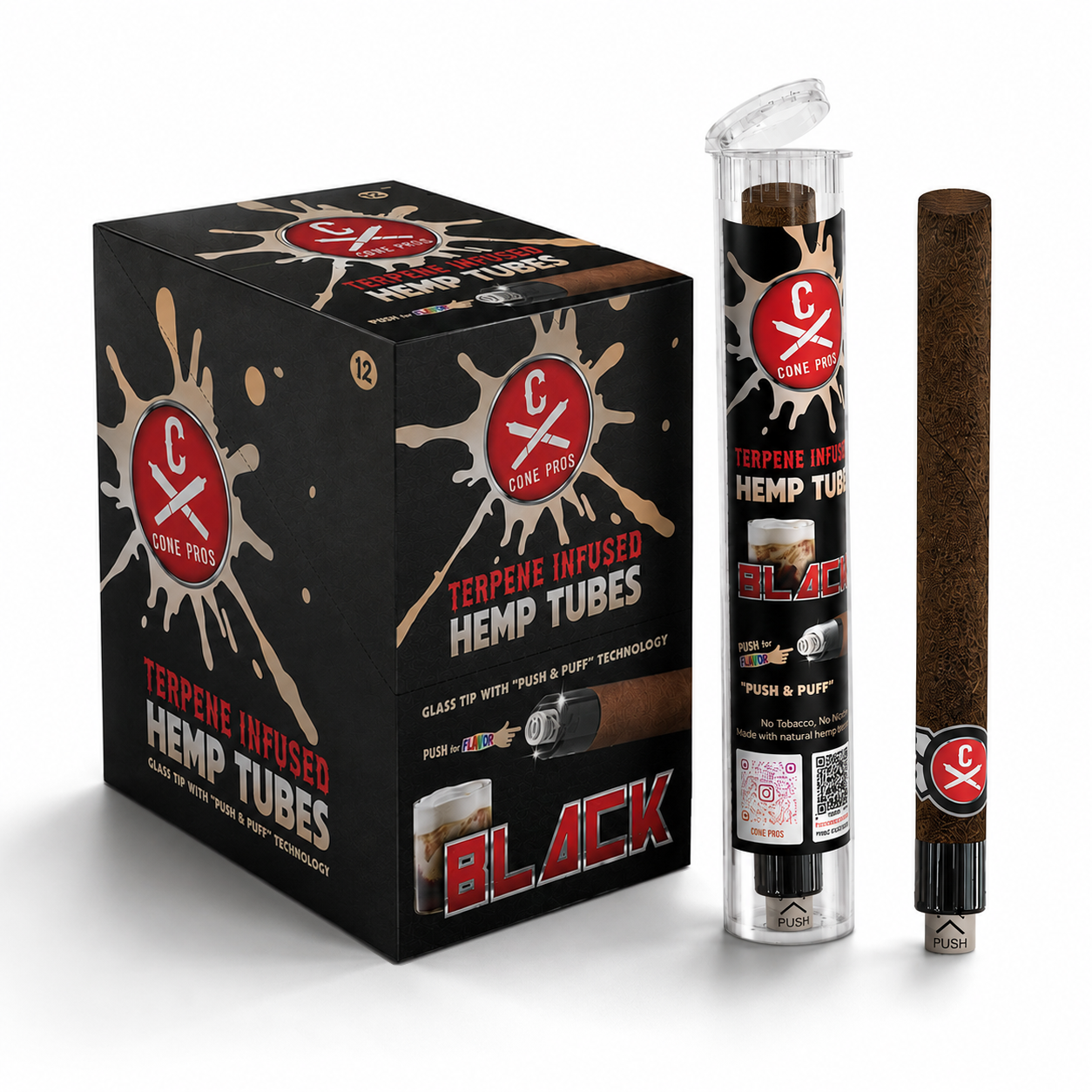 Terpene Infused Hemp Tube w/ Glass Tip - BLACK (12ct display)
